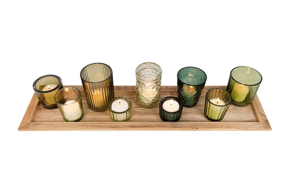 Natural Wood Tray with 9 Unique Glass Votive Candle Holders - Earthy Greens - 22-in - Mellow Monkey