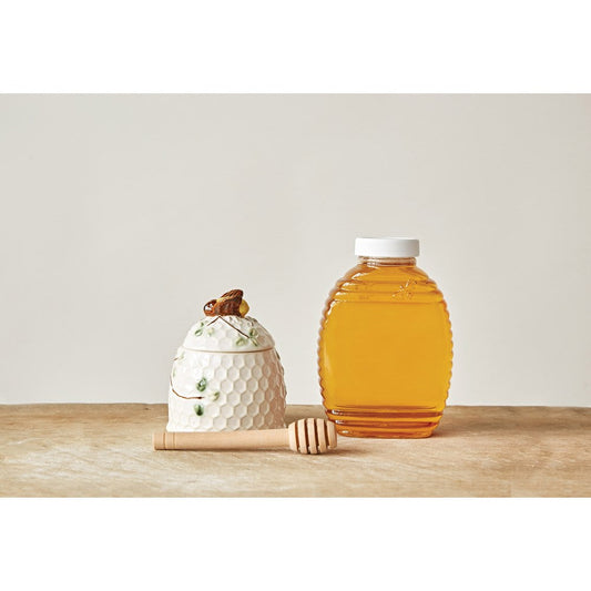 Stoneware Honey Jar with Lid & Wood Honey Dipper - 3-1/4-in - Mellow Monkey