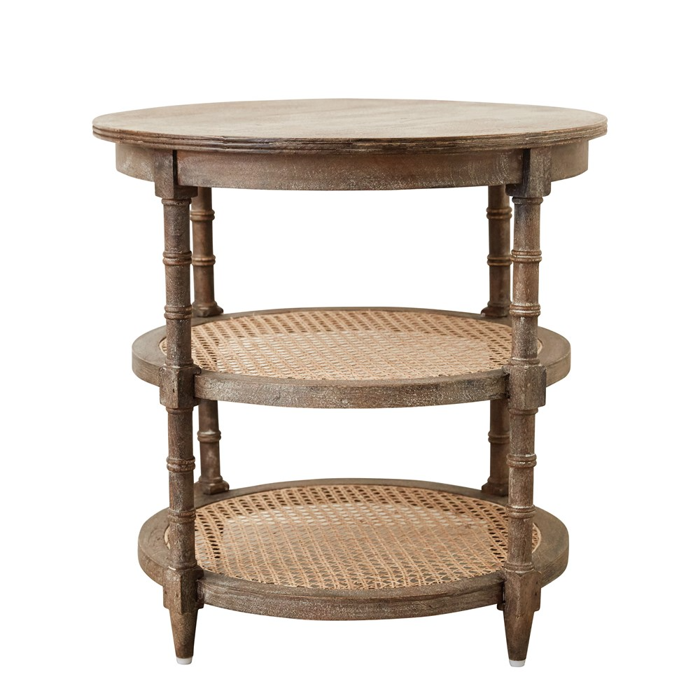 Round Mango Wood Table with Cane Shelves - 23-1/2-in. R x 24-in. H - Mellow Monkey