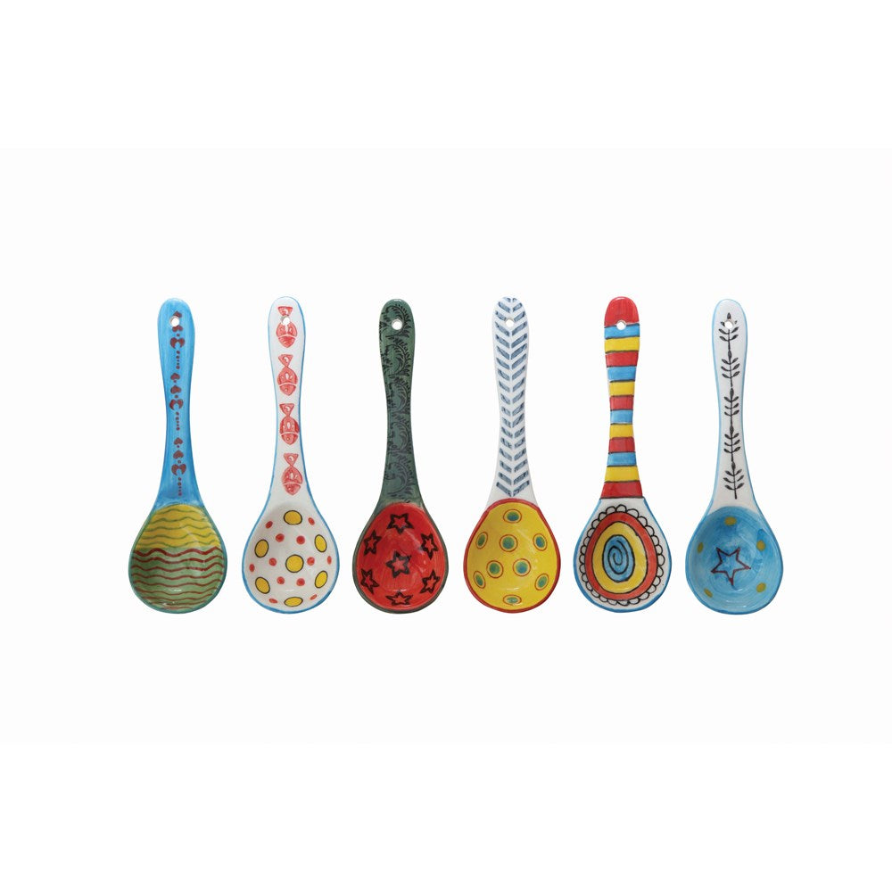 Hand Painted Multi Colored Pattern Stoneware Spoon - 6-1/2-in - Mellow Monkey