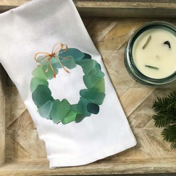 Christmas- Sea Glass Wreath Kitchen Towel - Mellow Monkey