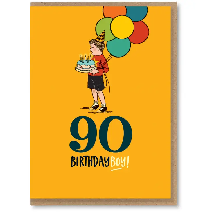 90 Birthday Boy - Funny Vintage Retro Style Birthday Greeting Card - Mellow Monkey
