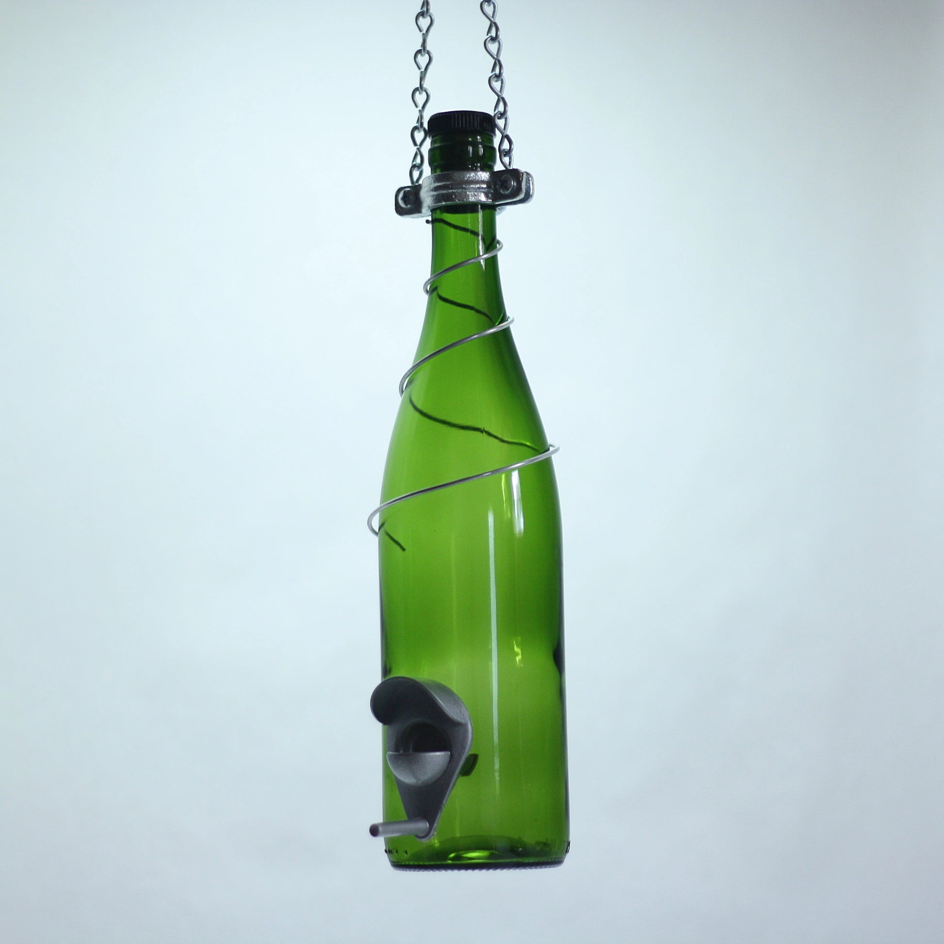 Glass Wine Bottle Bird Feeder - Green Bottle With Silver Trim - Mellow Monkey