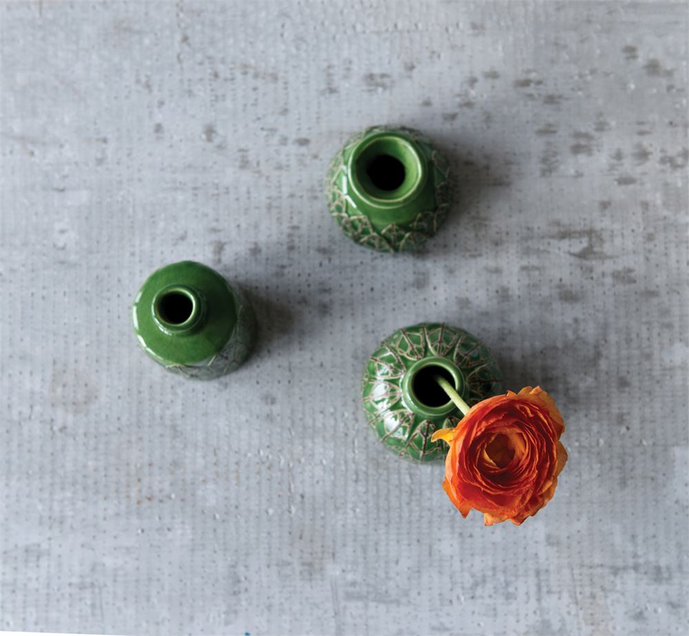 Embossed Stoneware Bud Vases in Green - Set of 3 - Mellow Monkey