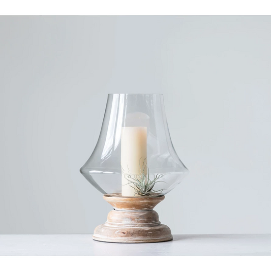 Hand-Blown Glass and Wood Hurricane - 16-in - Mellow Monkey