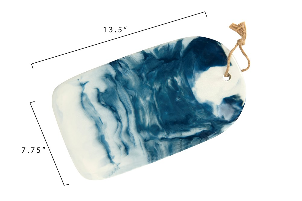 Ceramic Cheese/Cutting Board with Blue and White Marble Glaze - 13-1/2-in. x 7-3/4-in. - Mellow Monkey