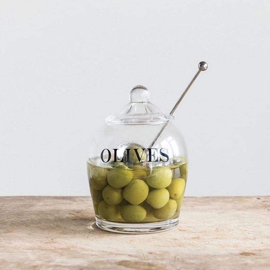 Glass Olive Jar with Lid & Slotted Stainless Steel Spoon - Mellow Monkey