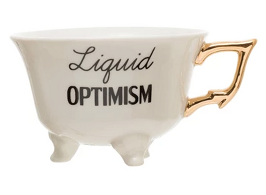 Liquid Optimism - Footed Stoneware Teacup with Gold Electroplated Handle - 4-1/4-in - Mellow Monkey