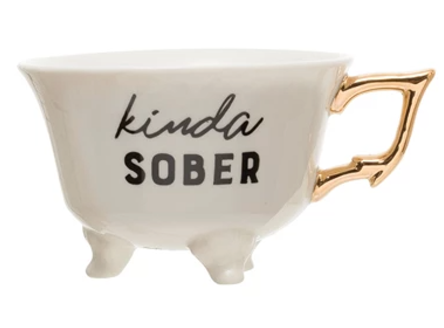 Kinda Sober - Footed Stoneware Teacup with Gold Electroplated Handle - 4-1/4-in - Mellow Monkey