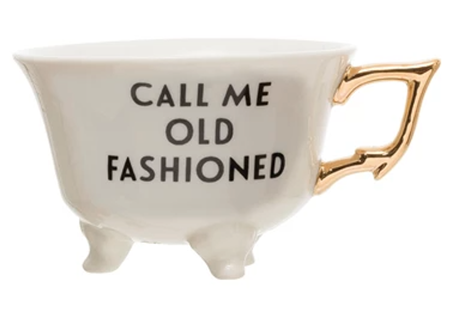 Call Me Old Fashioned - Footed Stoneware Teacup with Gold Electroplated Handle - 4-1/4-in - Mellow Monkey