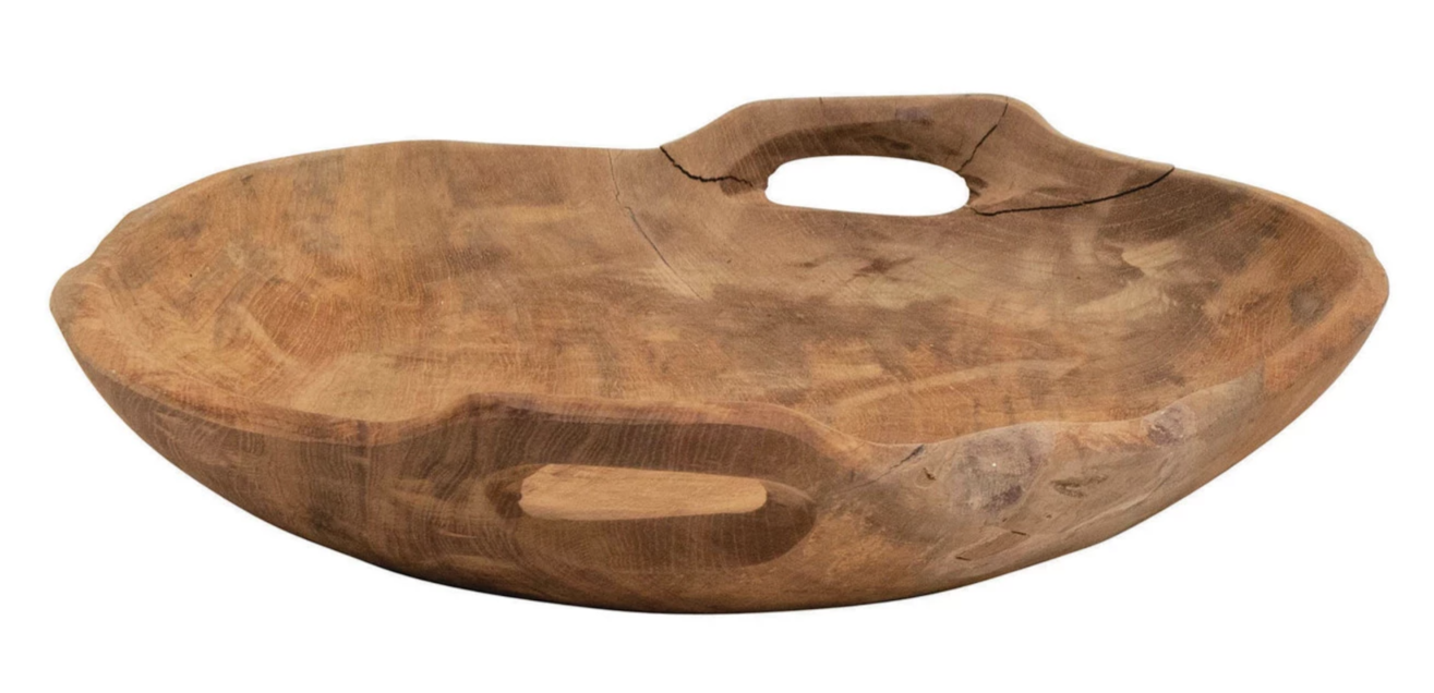 Decorative Hand-Carved Teak Wood Bowl with Handles - 3 Sizes - Mellow Monkey