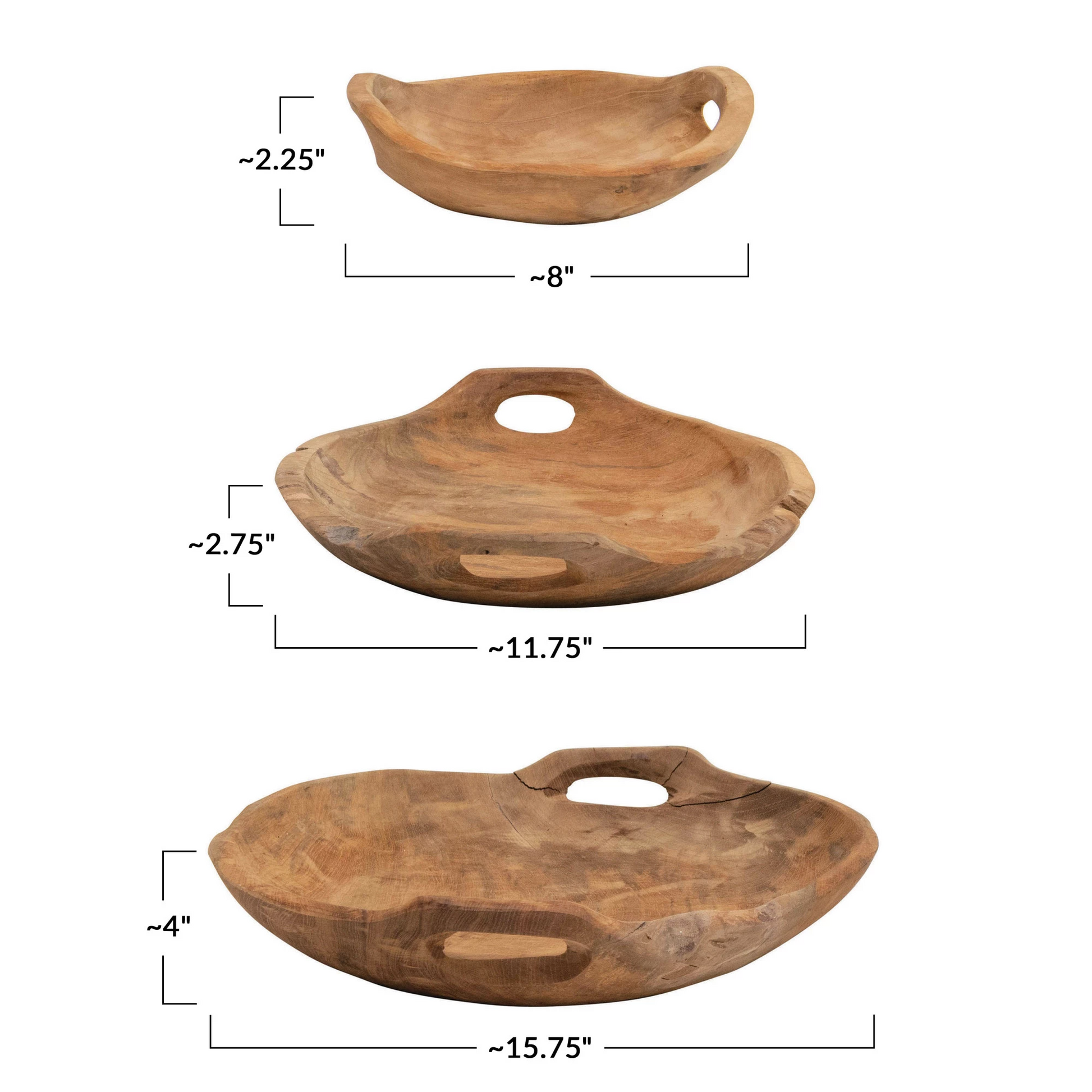 Decorative Hand-Carved Teak Wood Bowl with Handles - 3 Sizes - Mellow Monkey