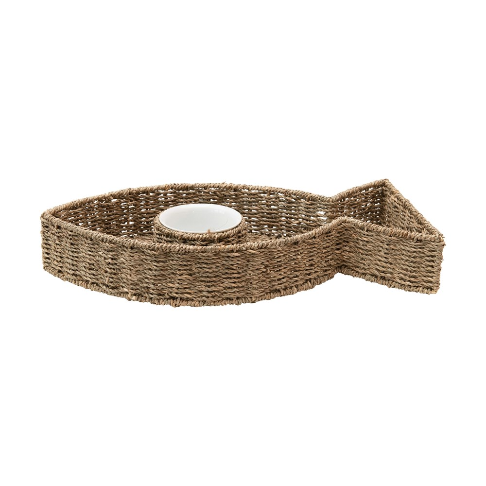 Hand-Woven Seagrass Fish Shaped Chip & Dip Set with 8oz. Ceramic Bowl - 20-in. x 10-in. x 3-in - Mellow Monkey