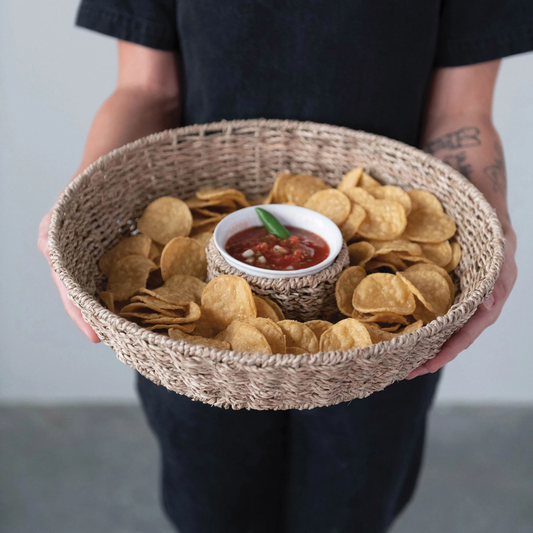 Hand-Woven Seagrass Round Chip & Dip Set with 8oz. Ceramic Bowl - 15-in - Mellow Monkey