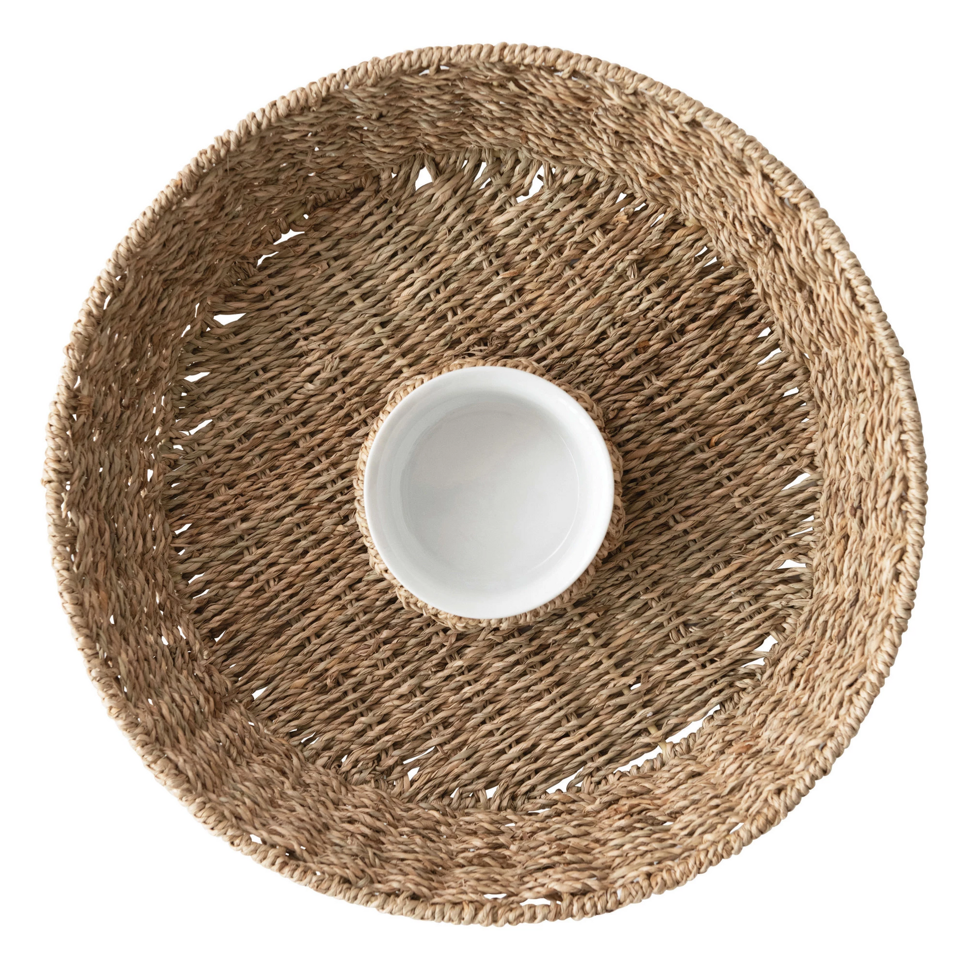 Hand-Woven Seagrass Round Chip & Dip Set with 8oz. Ceramic Bowl - 15-in - Mellow Monkey