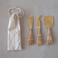 Gold Finish Cheese Knives w/ Rattan Wrapped Handles in Drawstring Bag - Set of 3 - Mellow Monkey
