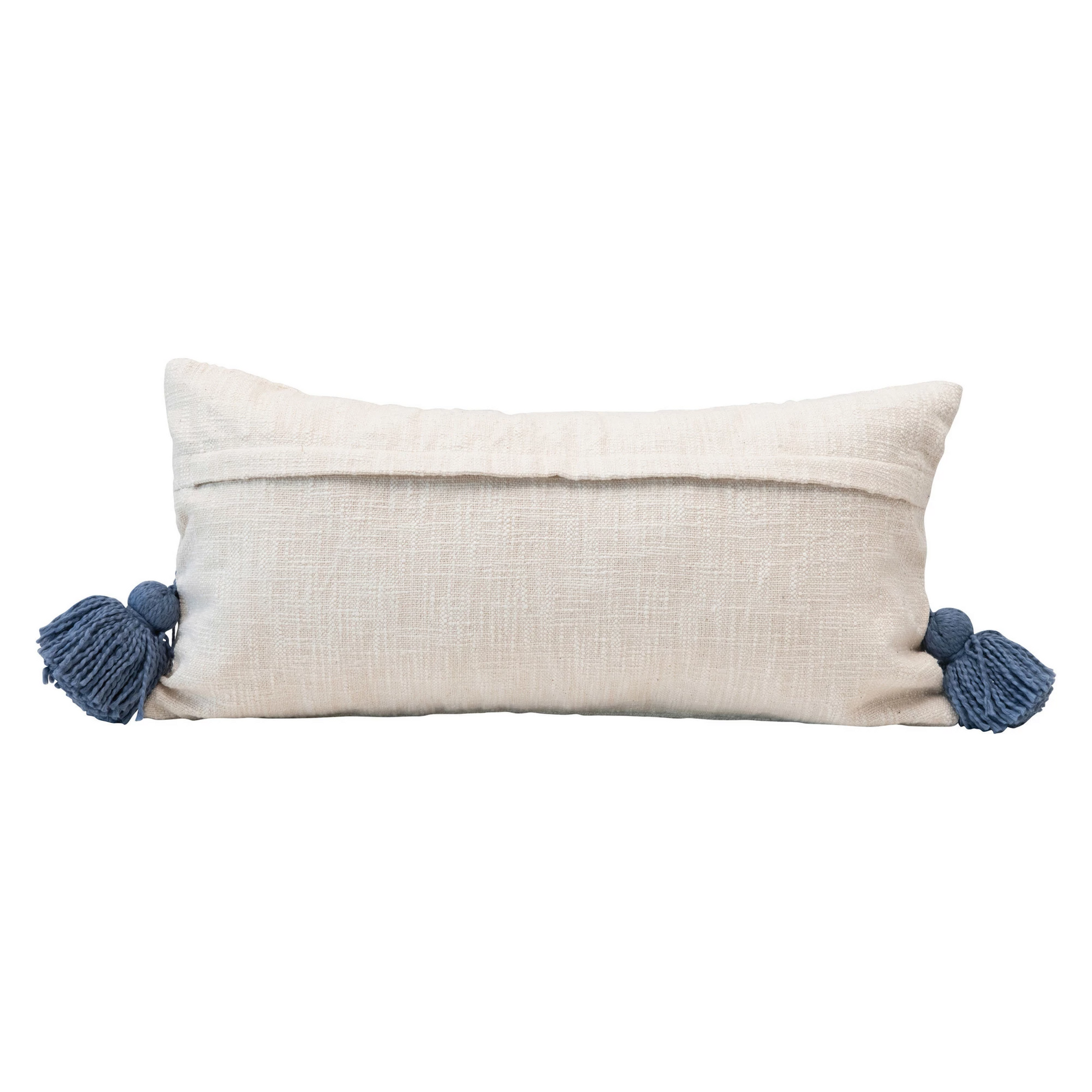 Blue and White Lumbar Pillow with Embroidered Squiggles & Tassels - 24-in x 12-in - Mellow Monkey