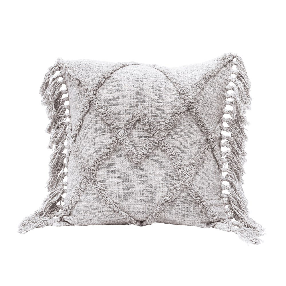 Square Cotton Blend Pillow with Tufted Pattern & Tassels - Grey - 20-in. - Mellow Monkey
