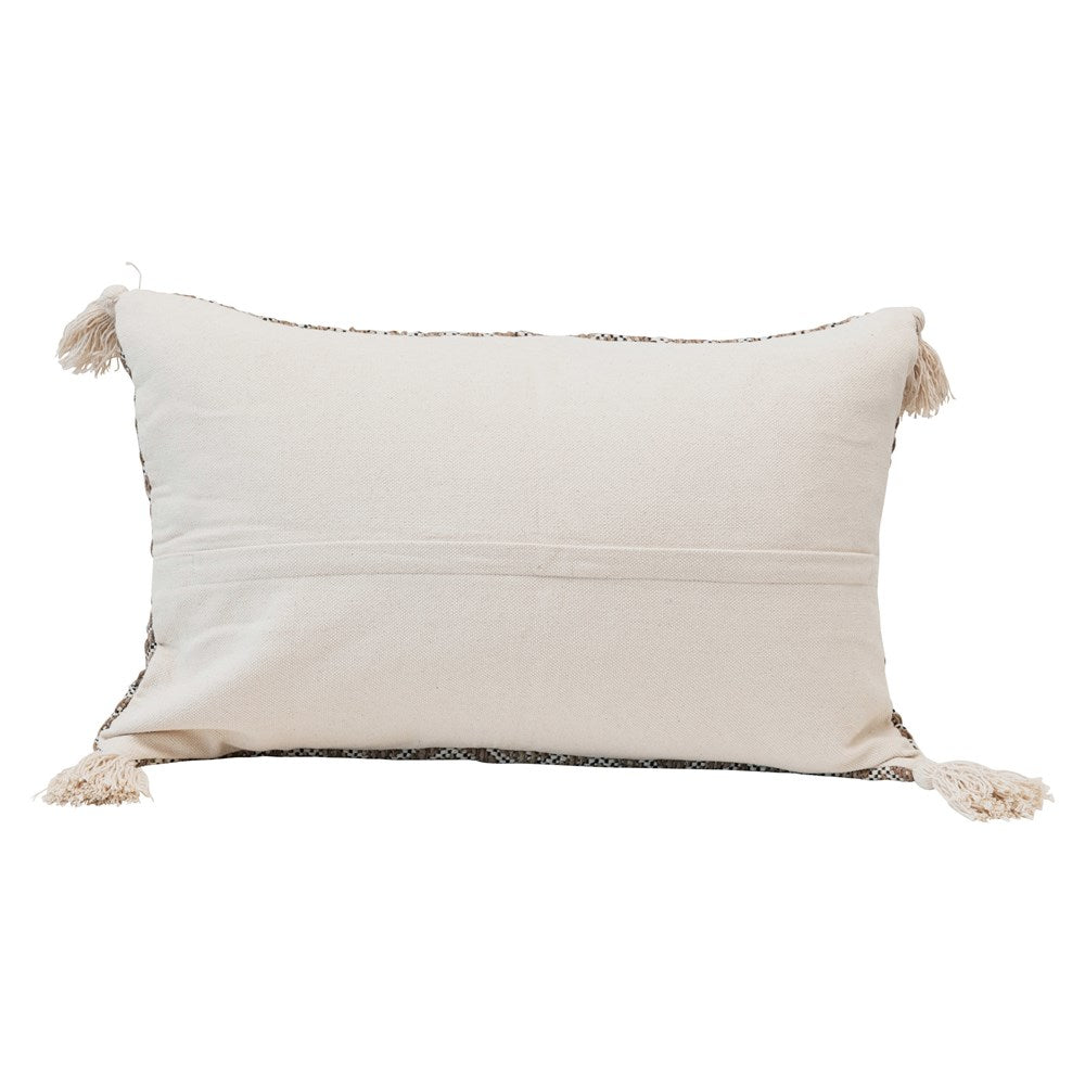 Cotton Woven Lumbar Pillow - Diamond Pattern and Tassels - Black, Cream and Tan - Mellow Monkey