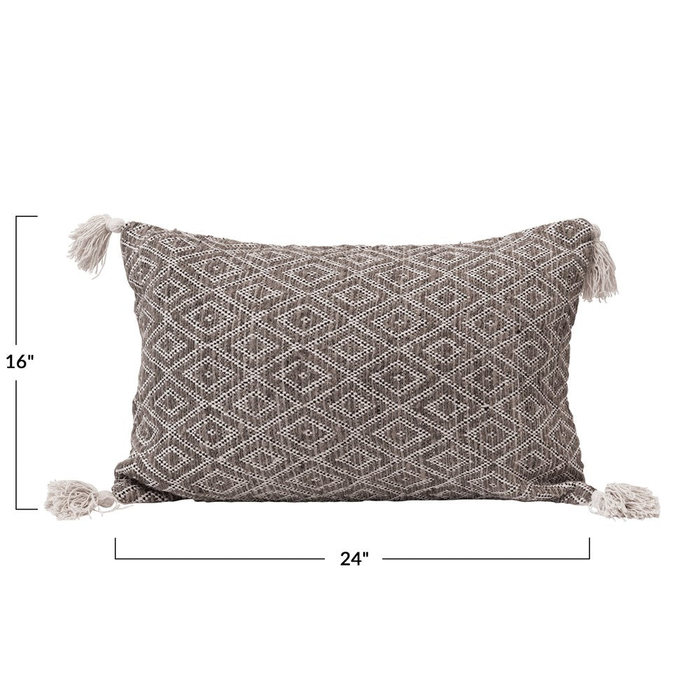 Cotton Woven Lumbar Pillow - Diamond Pattern and Tassels - Black, Cream and Tan - Mellow Monkey