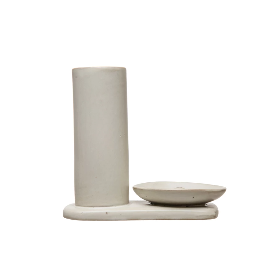 Stoneware Incense Stick Burner With Incense Stick Holder - White Reactive Glaze - 4-3/4-in - Mellow Monkey