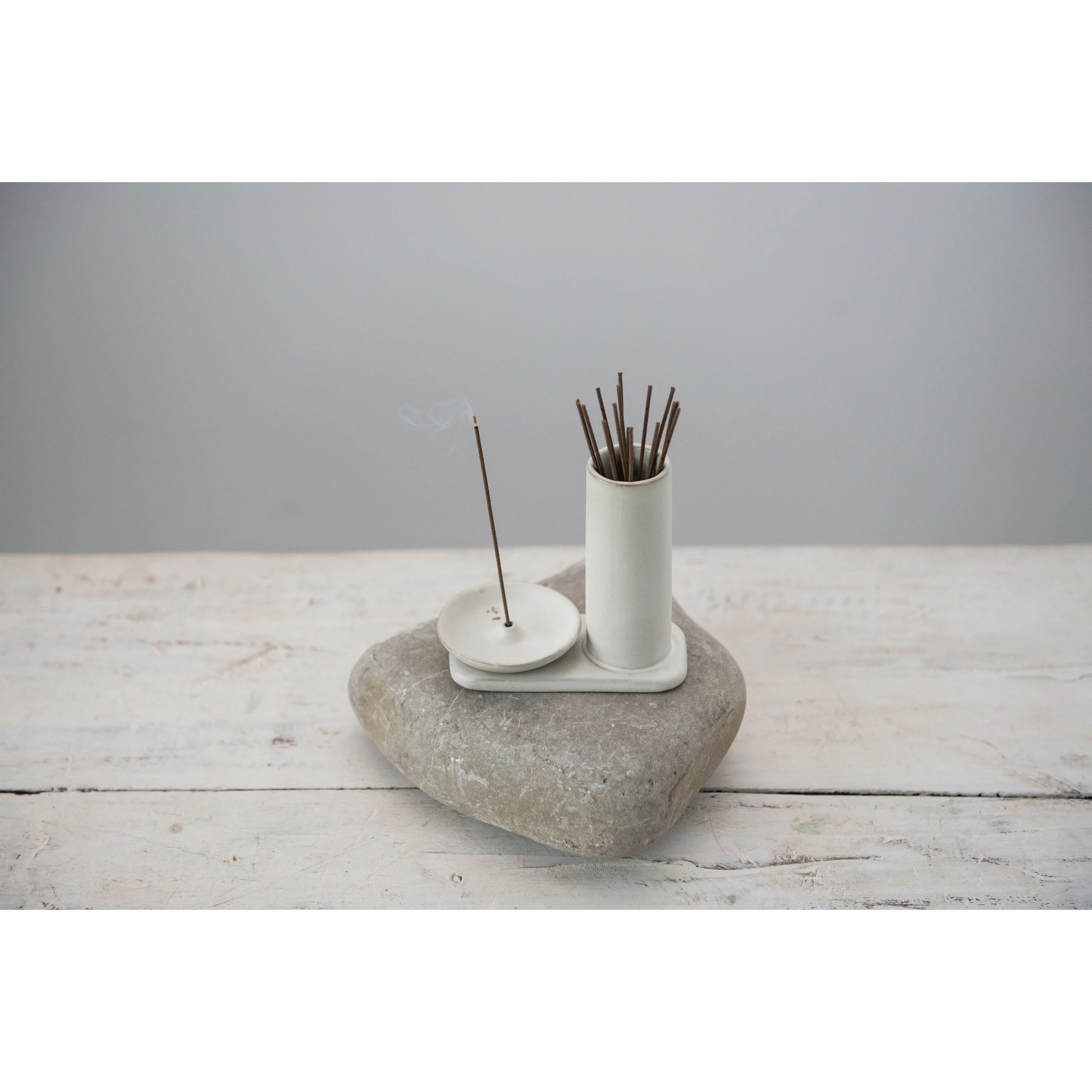 Stoneware Incense Stick Burner With Incense Stick Holder - White Reactive Glaze - 4-3/4-in - Mellow Monkey
