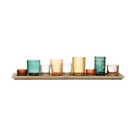 Embossed Glass Tealight Votive Holders with Wood Tray - Multi Color - Set of 10 - 22-in - Mellow Monkey