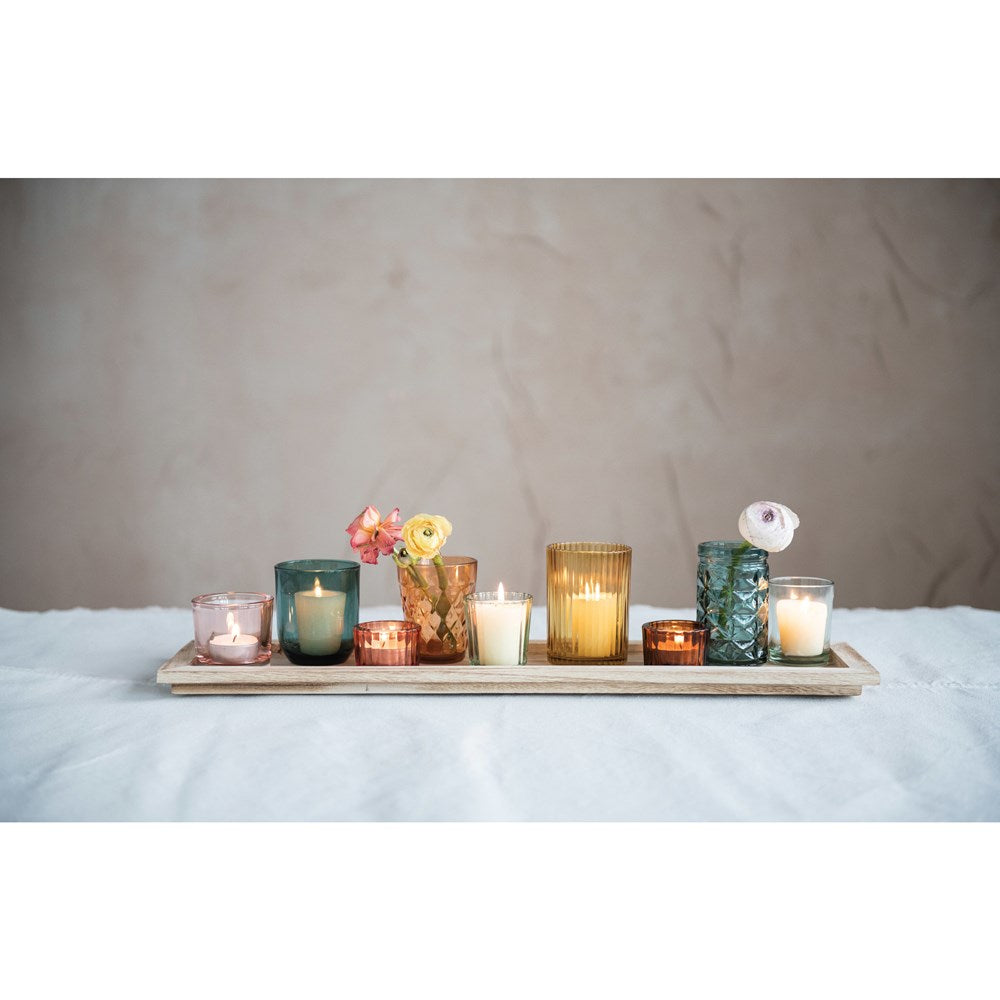 Embossed Glass Tealight Votive Holders with Wood Tray - Multi Color - Set of 10 - 22-in - Mellow Monkey