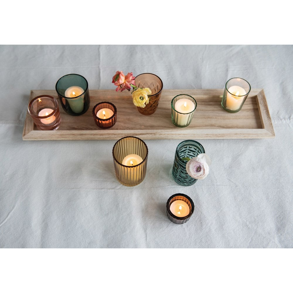 Embossed Glass Tealight Votive Holders with Wood Tray - Multi Color - Set of 10 - 22-in - Mellow Monkey