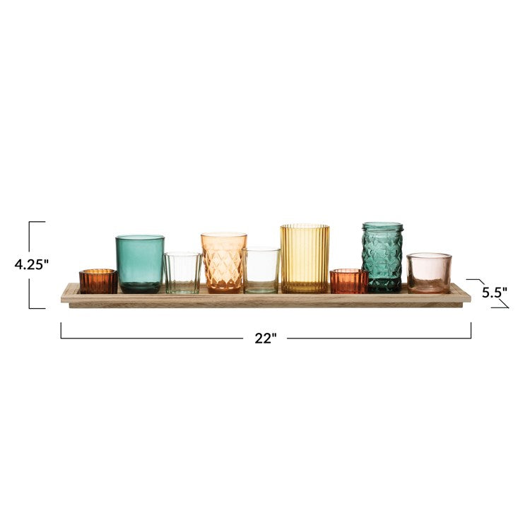 Embossed Glass Tealight Votive Holders with Wood Tray - Multi Color - Set of 10 - 22-in - Mellow Monkey