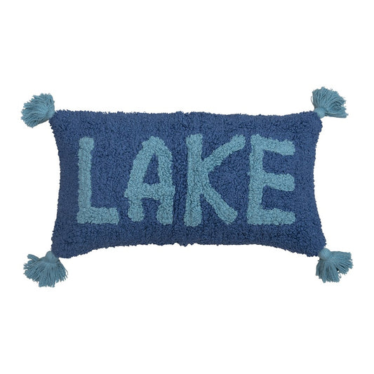 Cotton Punch Hook Lumbar Lake Design and Tassels Pillow - Blue & Turquoise - 28-in - Mellow Monkey