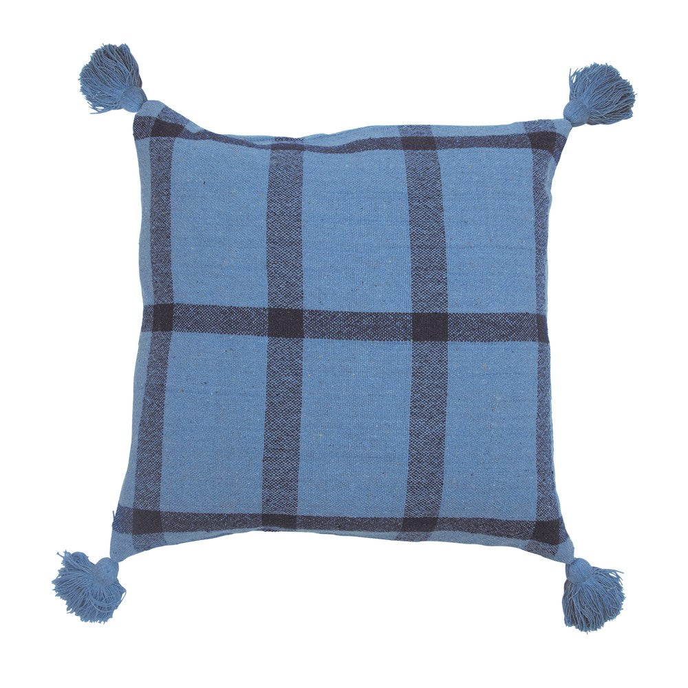 Jumbo Woven Recycled Cotton Blend Grid Pattern Pillow - Blue - 24-in Square - Mellow Monkey