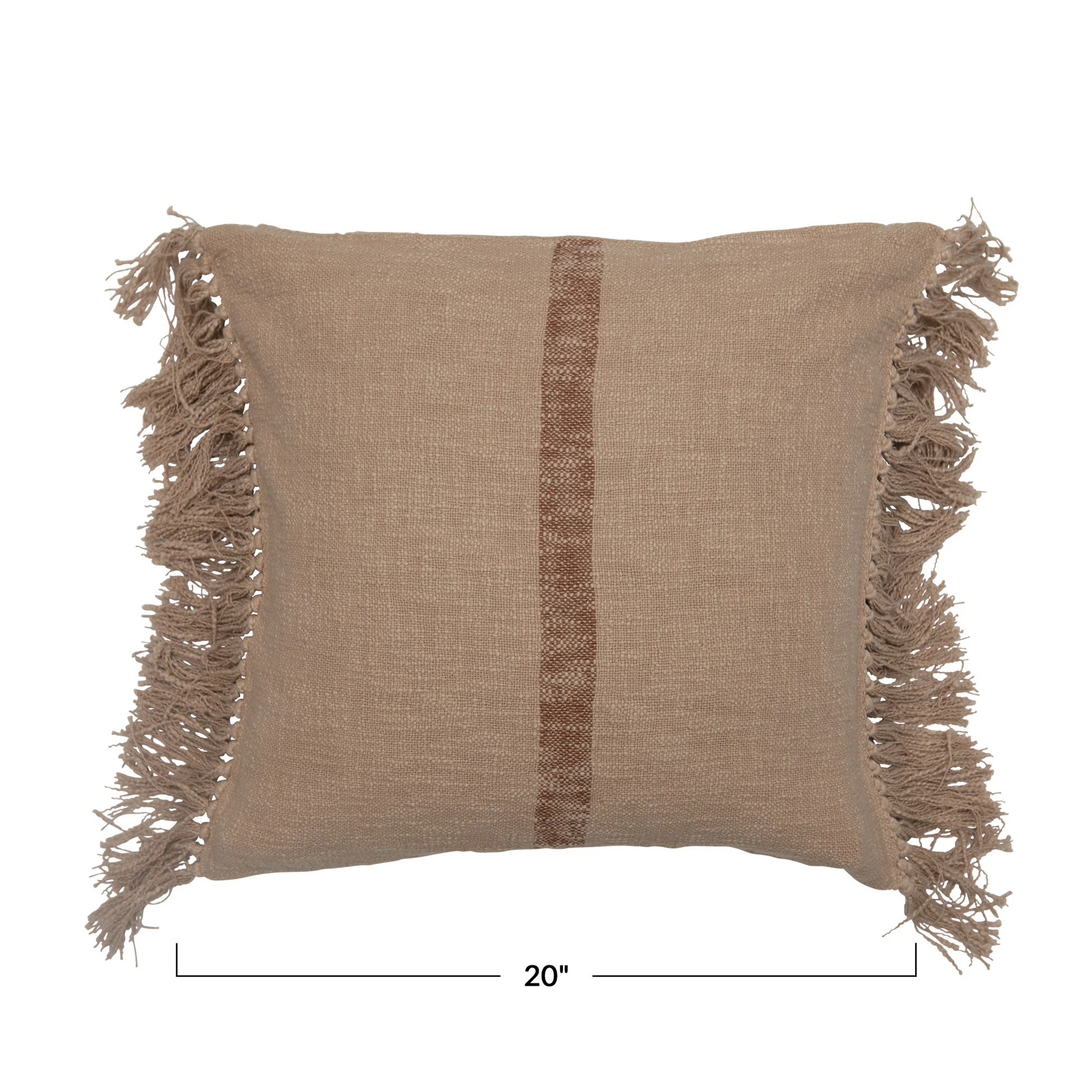 Cotton Slub Pillow with Brown Stripe & Fringe - Natural - 20-in Square - Mellow Monkey
