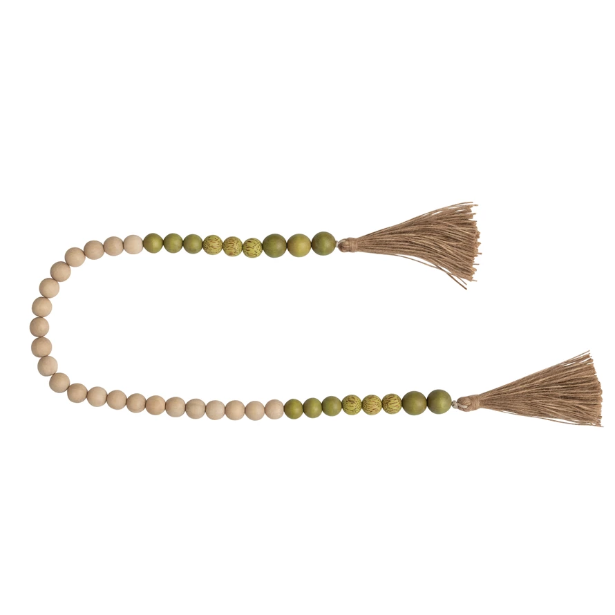 Wood and Coco Shell Bead Garland with Jute Tassels - Green and White - 41-1/2-in - Mellow Monkey