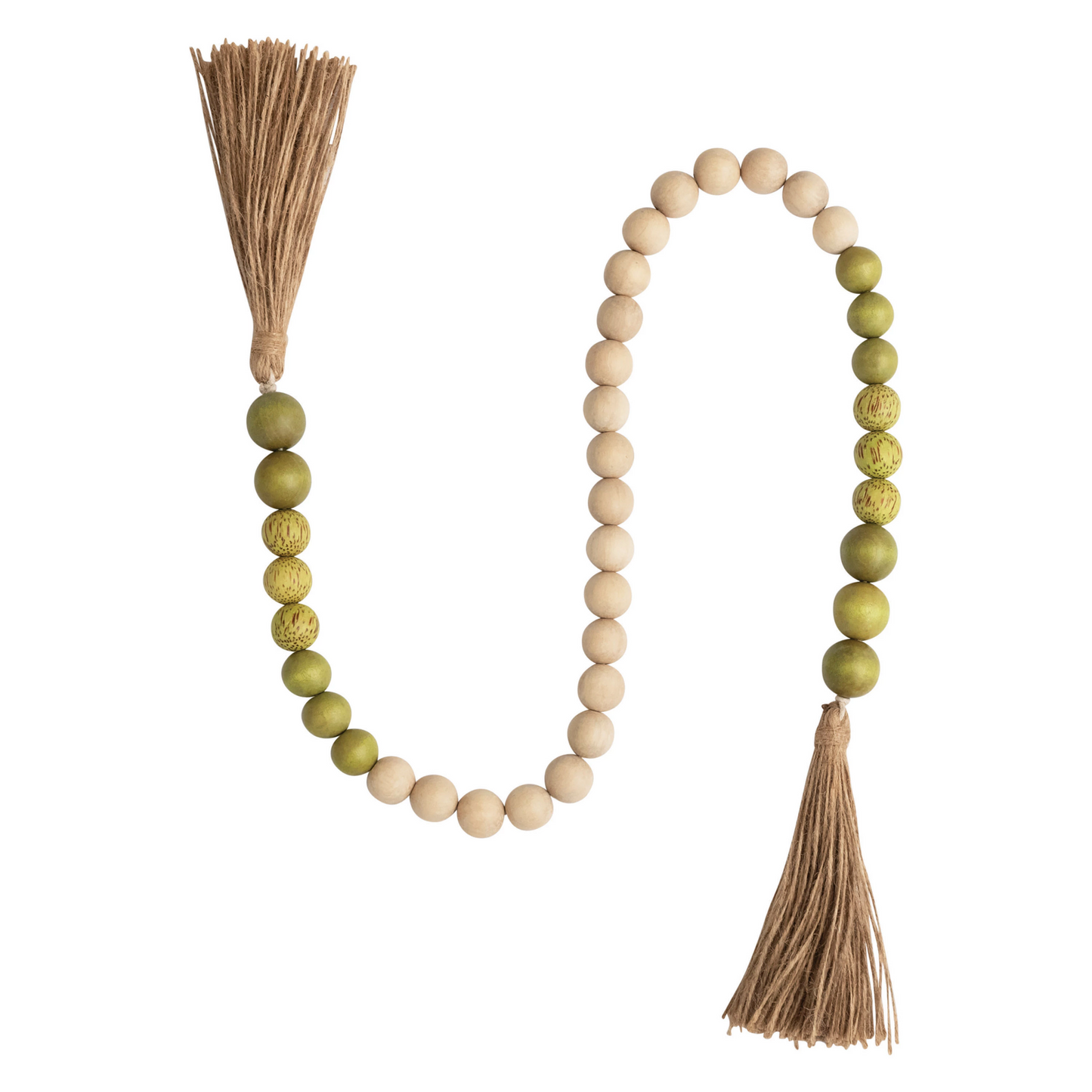 Wood and Coco Shell Bead Garland with Jute Tassels - Green and White - 41-1/2-in - Mellow Monkey