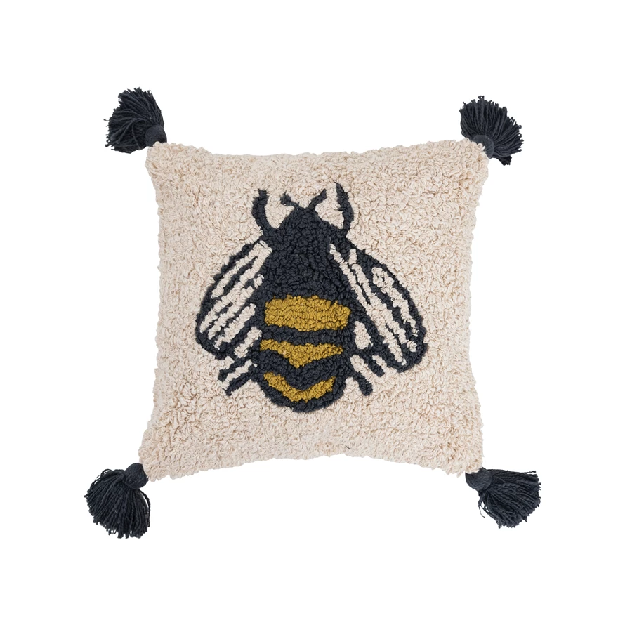 Cotton Punch Hook Pillow - Bee and Tassels - 16-in - Mellow Monkey