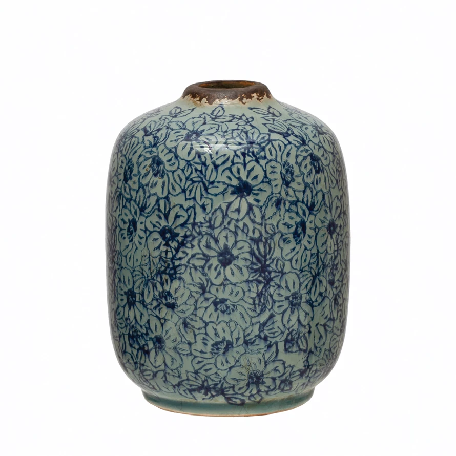 Terracotta Vase With Floral Pattern - Distressed Blue - 6.5-in - Mellow Monkey