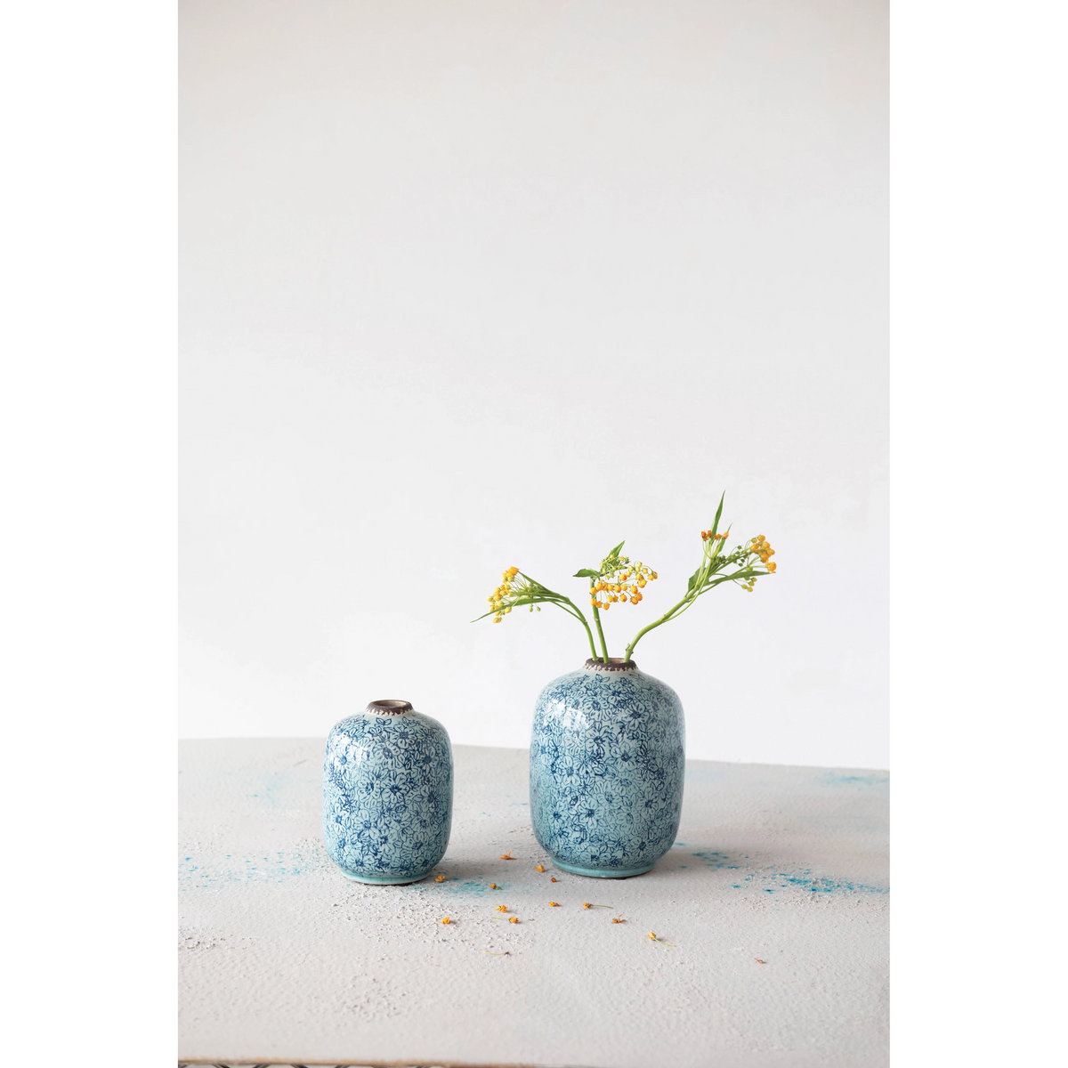 Terracotta Vase with Floral Pattern, Distressed Blue