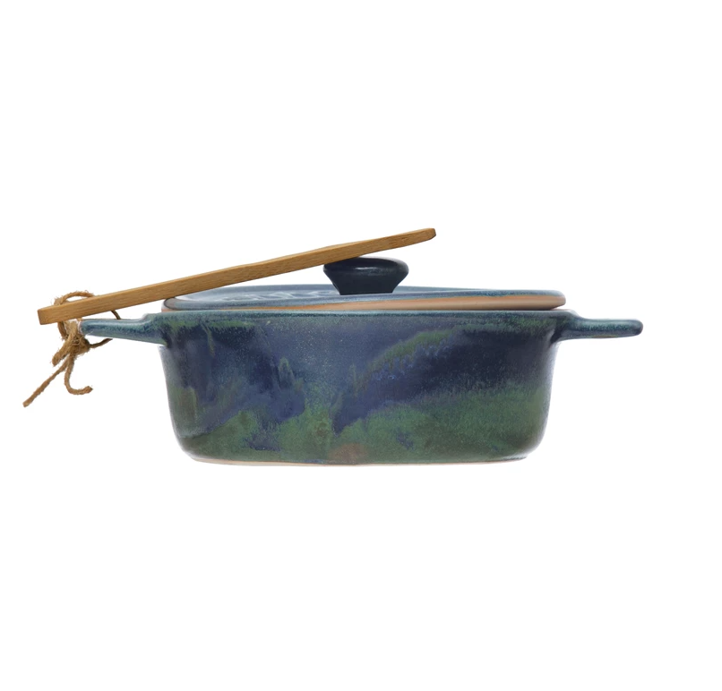 Stoneware Brie Baker with Bamboo Spreader - Blue - 7-in - Mellow Monkey