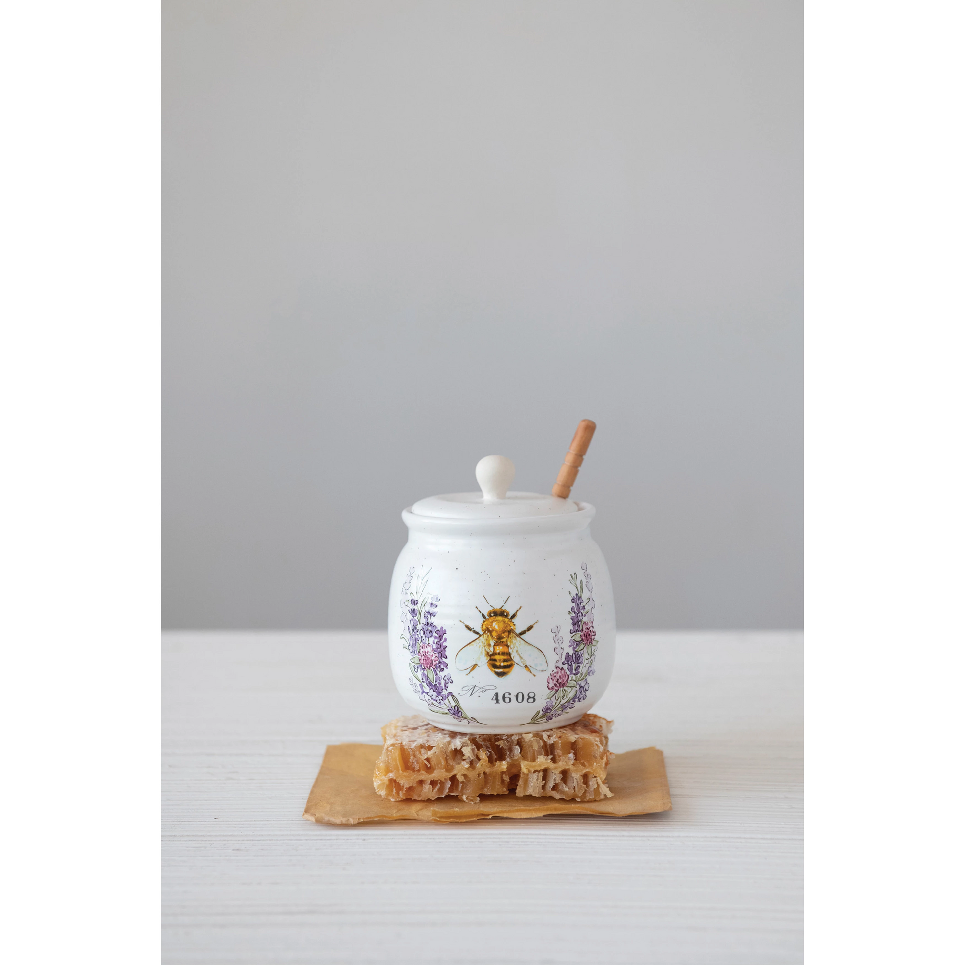 Stoneware Honey Jar with Bee Design and Wood Honey Dipper - 4.6-in - Mellow Monkey