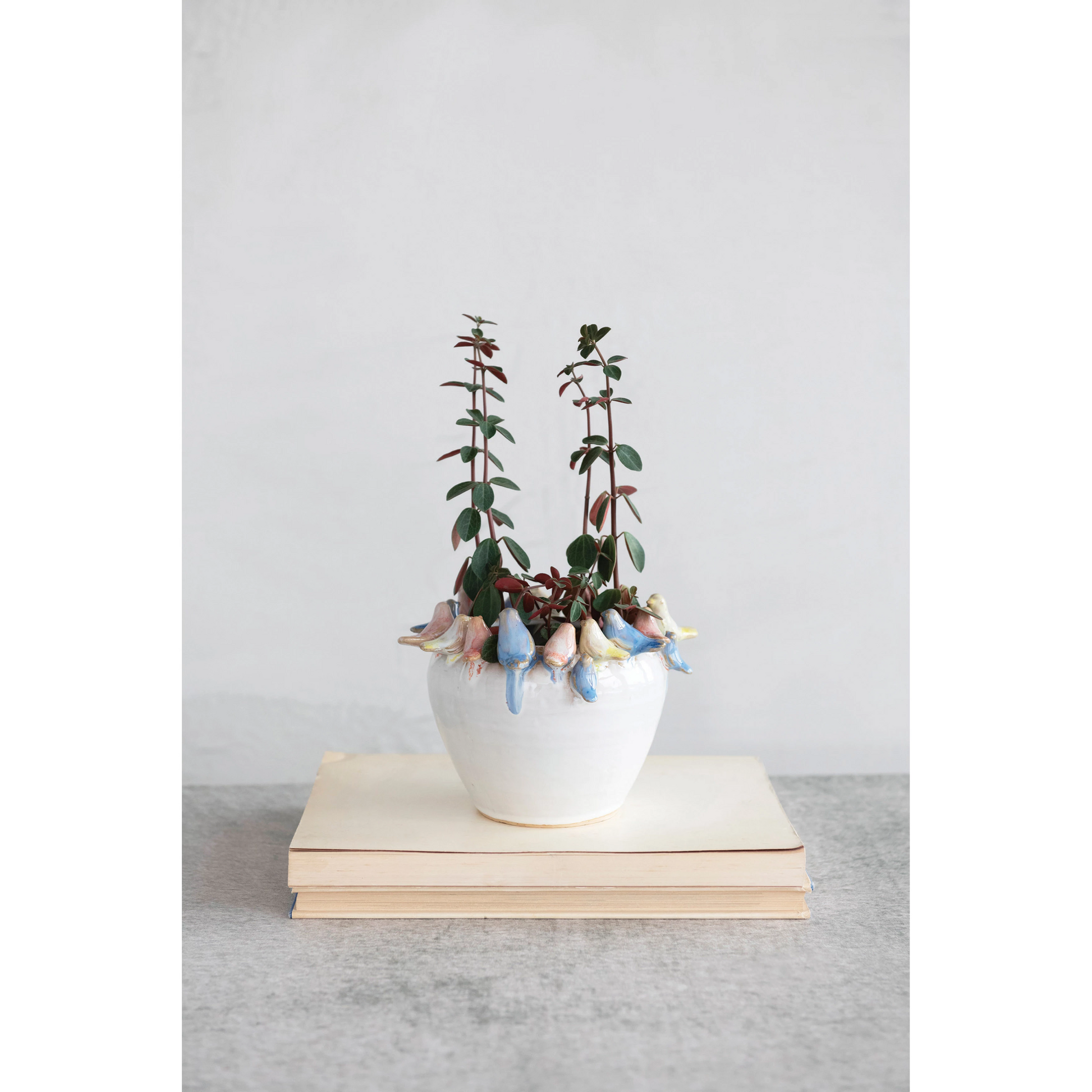 Stoneware Planter with Birds on Rim - 7-1/2-in - Mellow Monkey