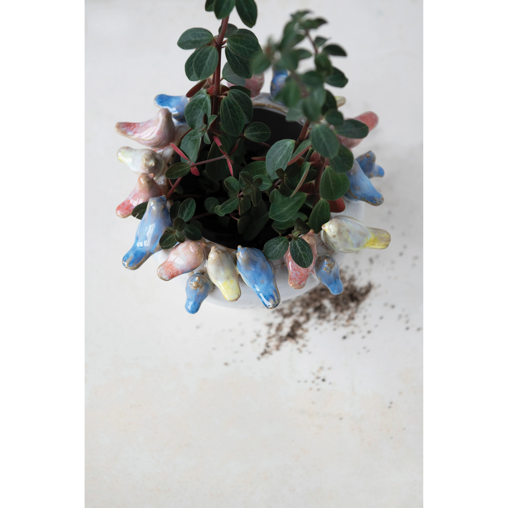 Stoneware Planter with Birds on Rim - 7-1/2-in - Mellow Monkey