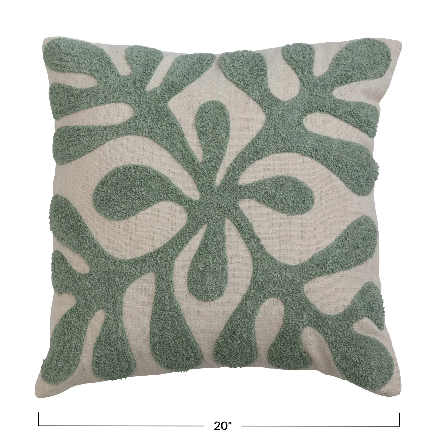 Green Embroidered Square Cotton Slub Pillow with Boucle - 20-in - Mellow Monkey