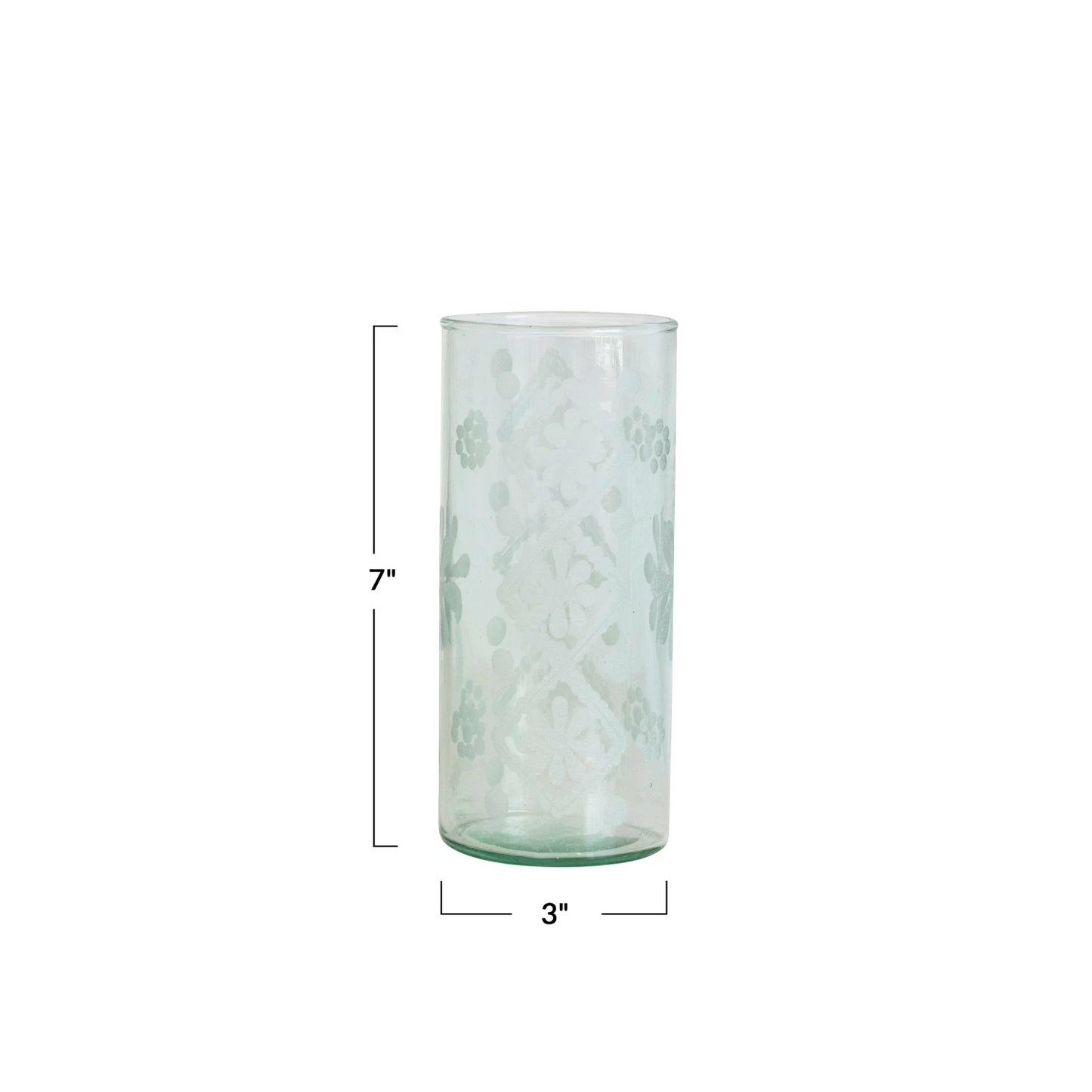 Recycled Etched Glass Hurricane Vase -7-in - Mellow Monkey