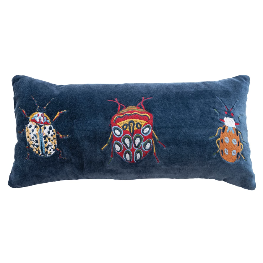 Embroidered Beetles Velvet and Cotton Lumbar Pillow- 18-in x 8-in ...