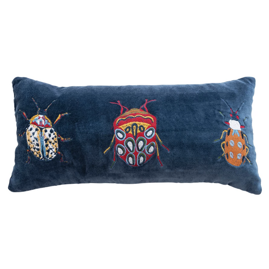 Embroidered Beetles Velvet and Cotton Lumbar Pillow- 18-in x 8-in - Mellow Monkey