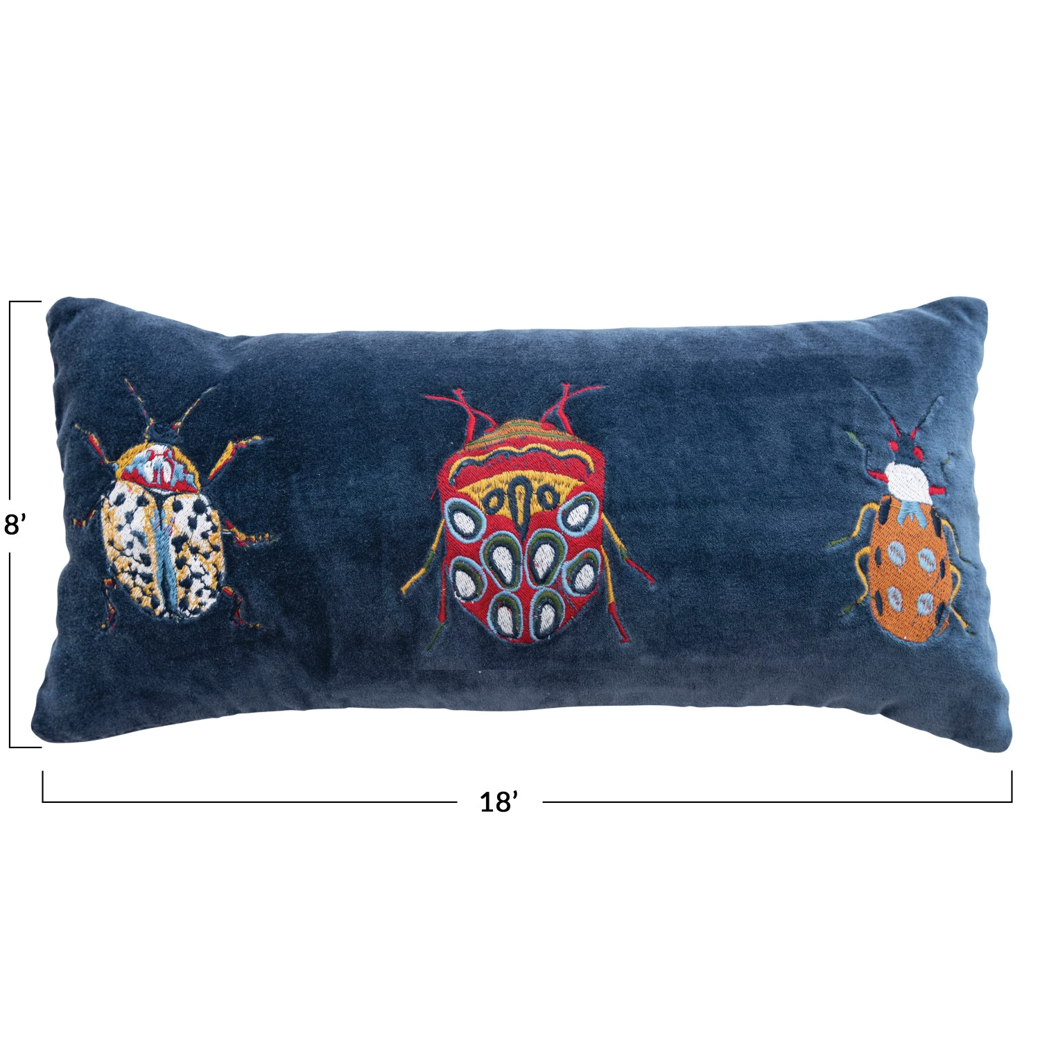 Embroidered Beetles Velvet and Cotton Lumbar Pillow- 18-in x 8-in - Mellow Monkey