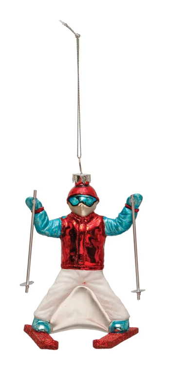 Hand Painted Glass Skier Ornament - Mellow Monkey
