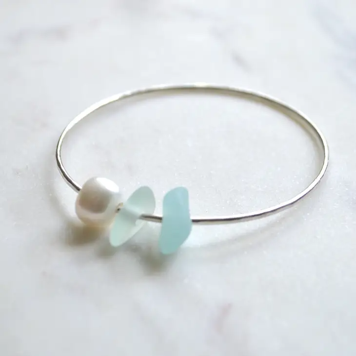 Frosted Glass and Pearl Bangle - Sterling Silver - Mellow Monkey