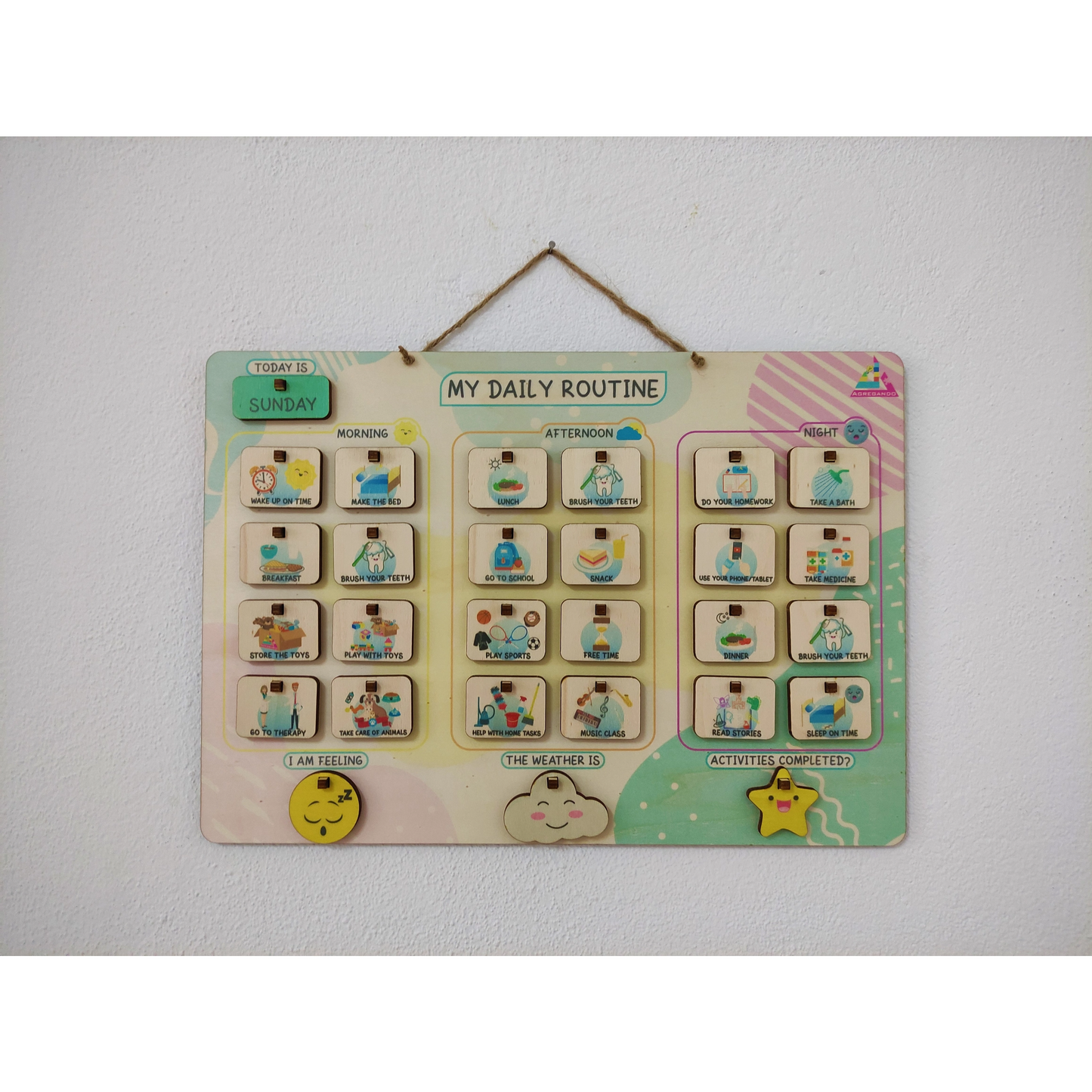 My Daily Routine Chart - Wooden Chart With Activity and Chore Tiles - 15-1/2-in - Mellow Monkey